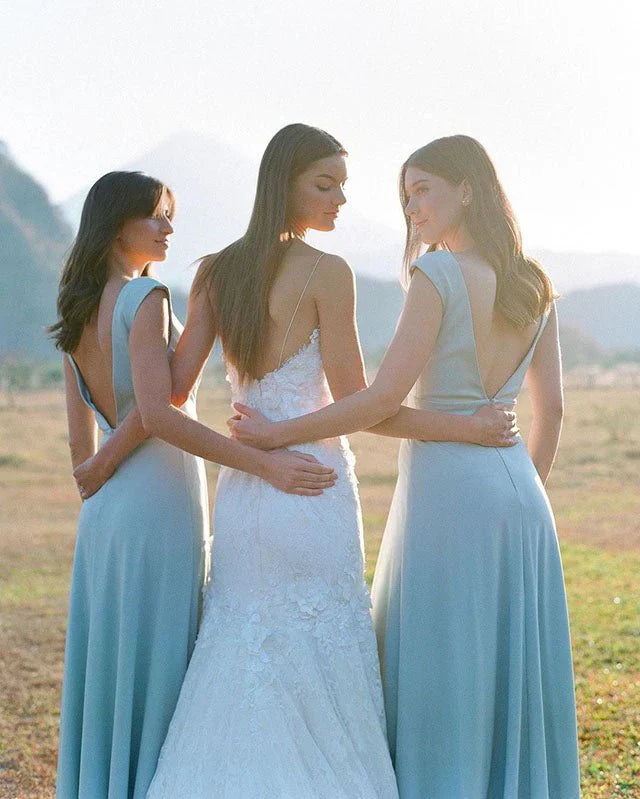 Simple A Line Satin V Neck Blue Sleeveless Long Bridesmaid Dresses SH6282