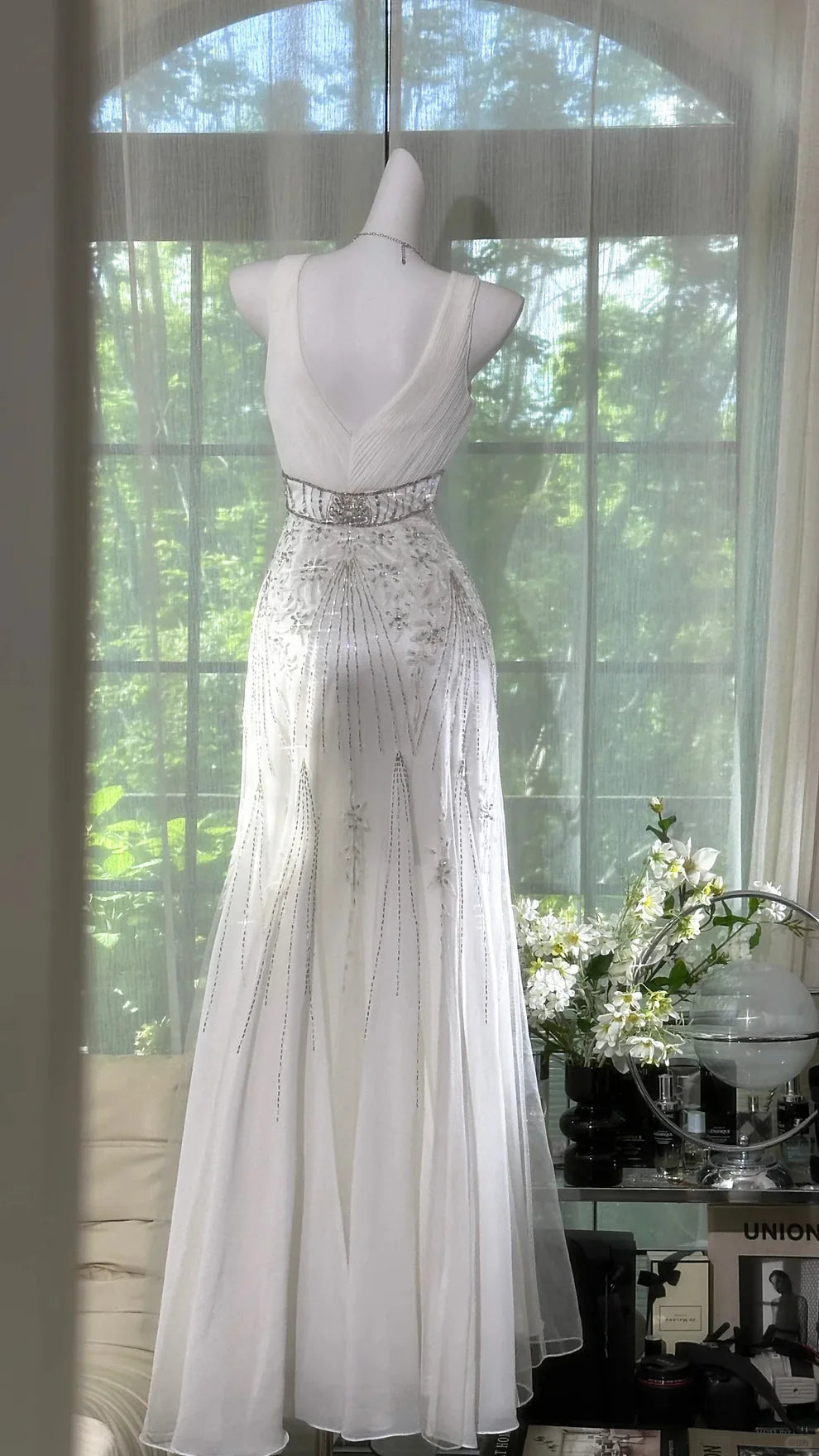Gentle Mermaid V Neck Shiny Rhinestone White Chiffon Prom Dress Date Dress SH4329