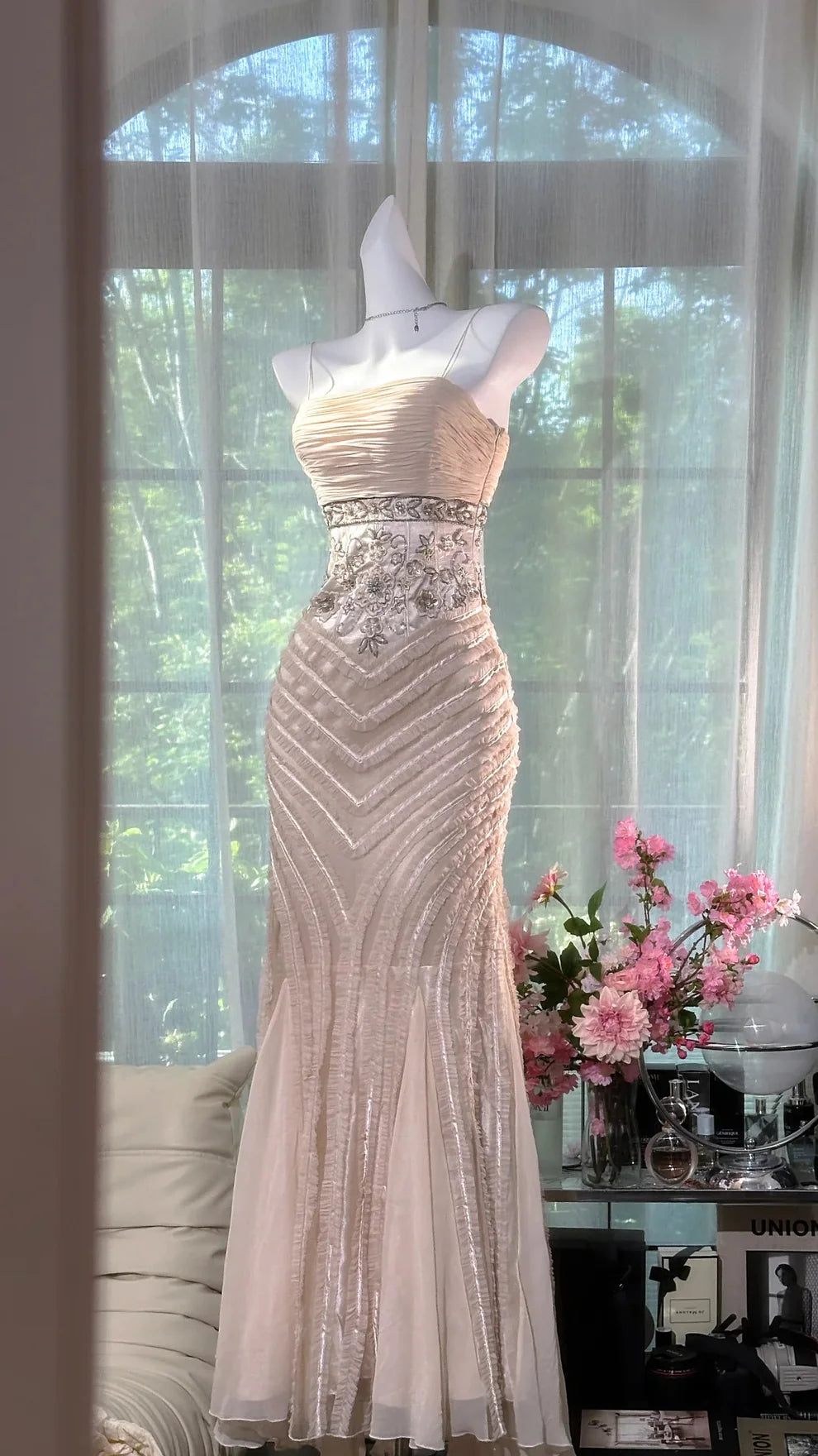 Light Apricot Mermaid Spaghetti Strap Beaded Chiffon Prom Dress Wedding Guest Dress SH4327