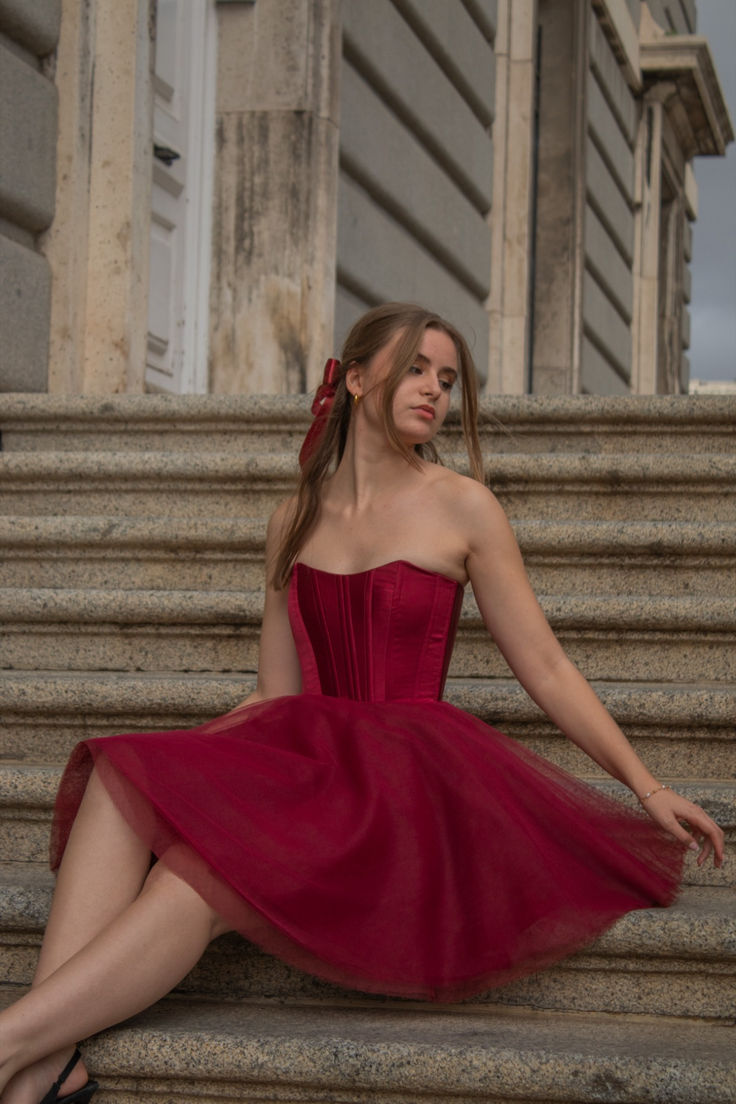 Burgundy A Line Strapless Satin Tulle Mini Homecoming Dress Cocktail Dress SH3724