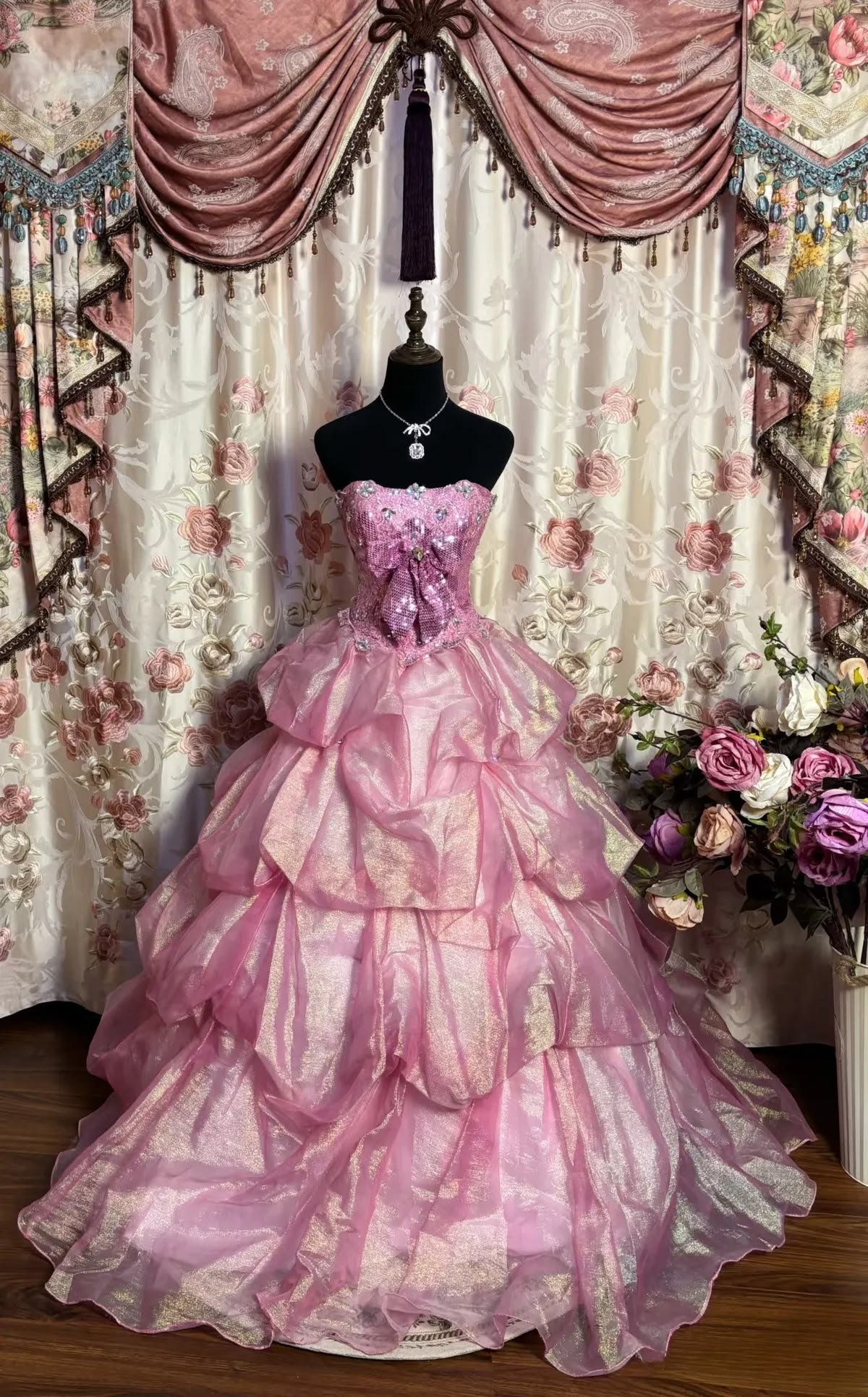 Pink Strapless Sequin-Bodice Tiered A-Line Prom Dress SH5668