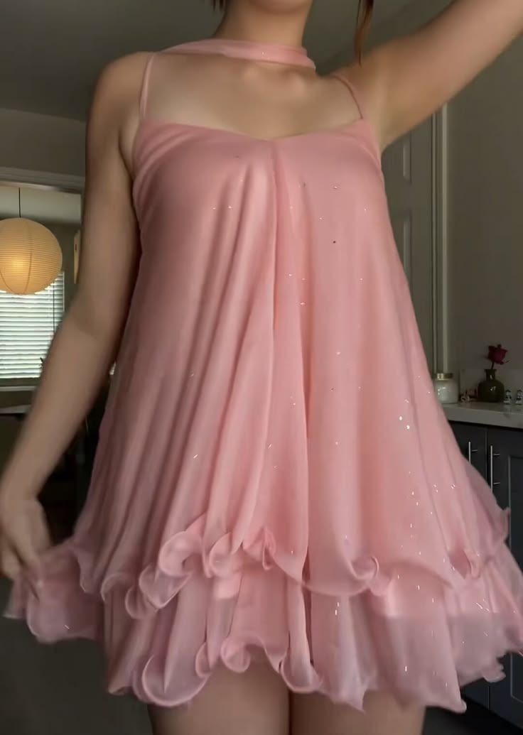 Cute Pink A Line Spaghetti Strap Layered Chiffon Short Homecoming Dress Mini Dress SH8039