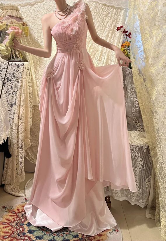 Elegant Pink Off the Shoulder 3D Flower Pleated Chiffon Long Prom Dress SH3932