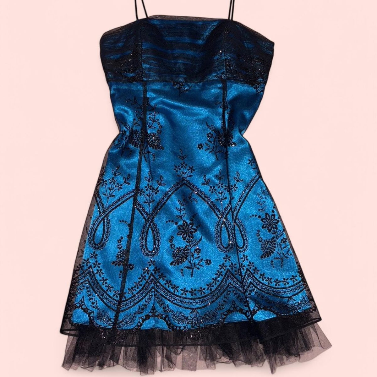A Line Spaghetti Strap Black Applique Tulle Pink Satin Homecoming Dress Cocktail Dress SH3715