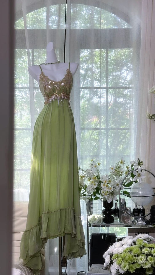 Dreamy Green Sequin Spaghetti Strap Chiffon Date Dress Evening Dress Wedding Guest Dress SH3436