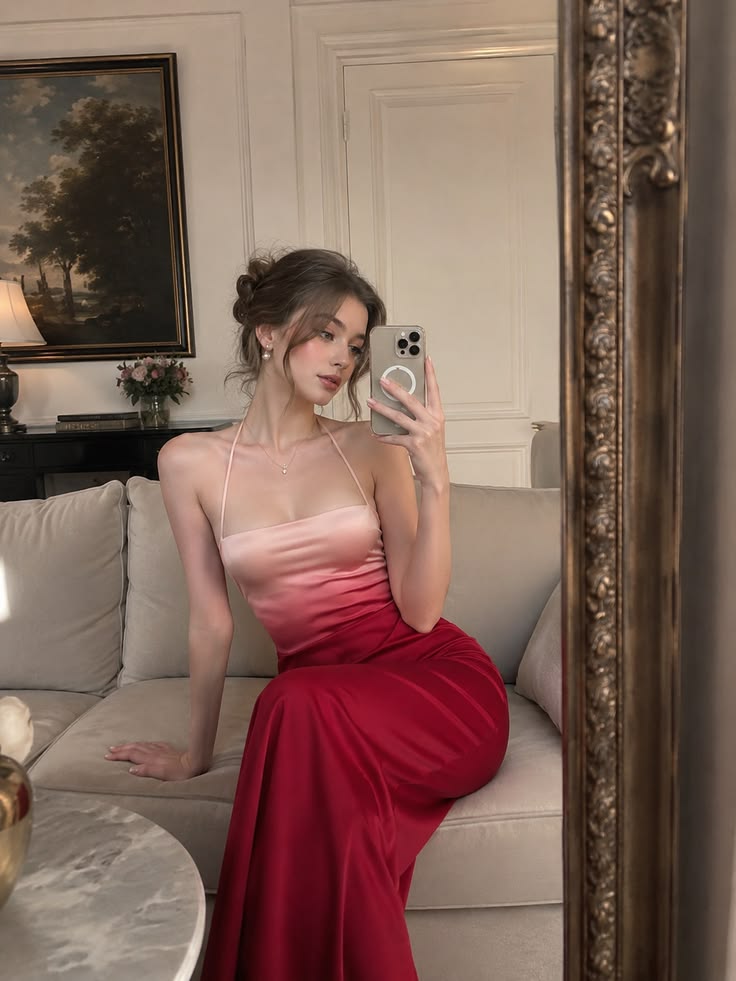 Simple Pink-red Ombre A Line Halter Satin Prom Dress Evening Dress SH6929