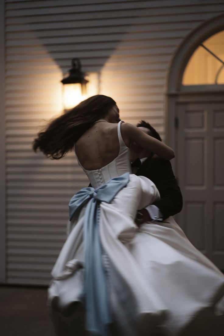 Cute Ball Gown Straps Blue Bow White Satin Long Prom Dress Wedding Dress SH7444
