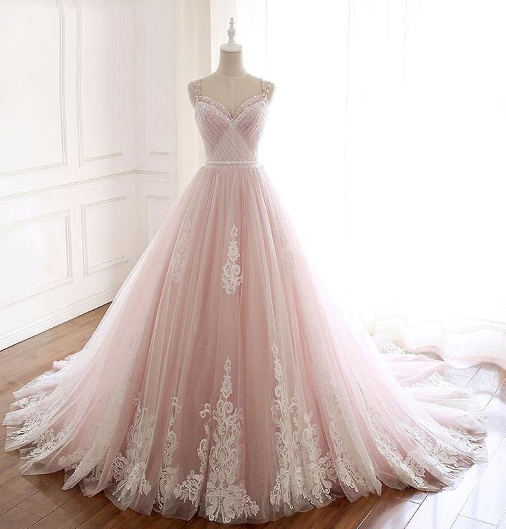 Light Pink A Line Beaded Appliques Tulle Prom Dress Evening Dress SH1625