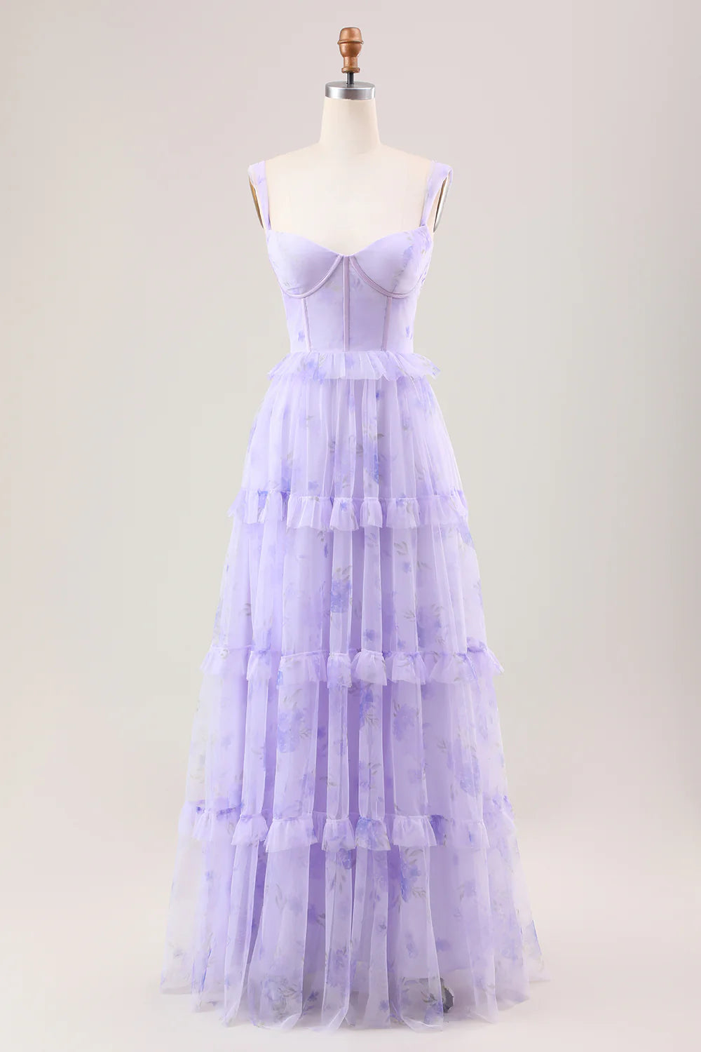 Gentle A Line Strap Print Floral Purple Tulle Prom Dress Graduation Prom Dress SH2658