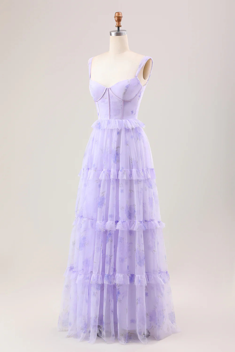 Gentle A Line Strap Print Floral Purple Tulle Prom Dress Graduation Prom Dress SH2658