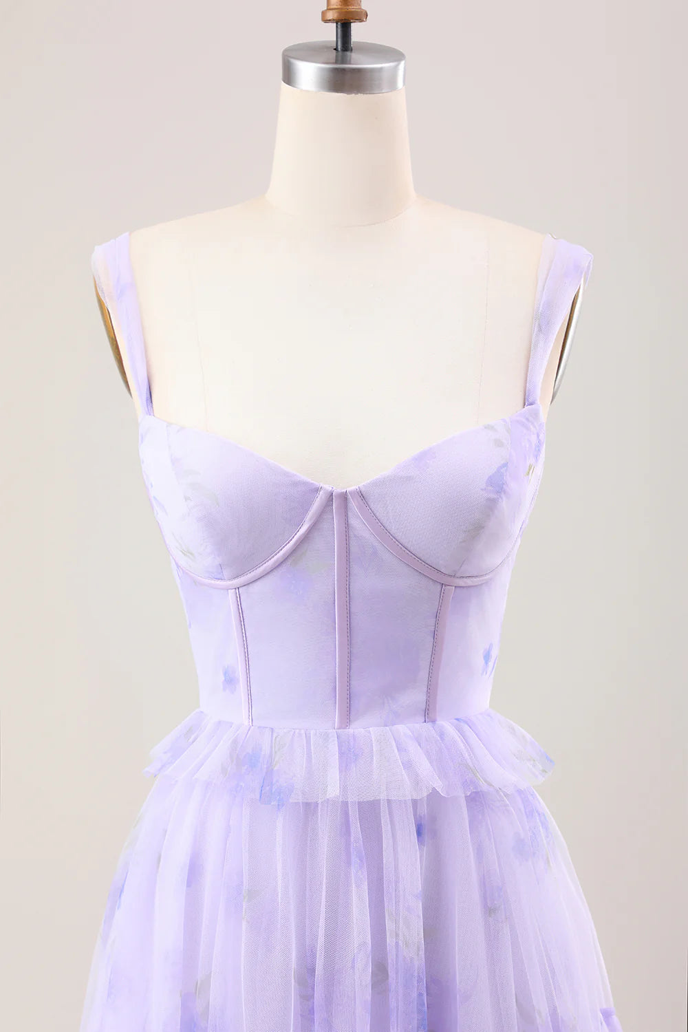 Gentle A Line Strap Print Floral Purple Tulle Prom Dress Graduation Prom Dress SH2658