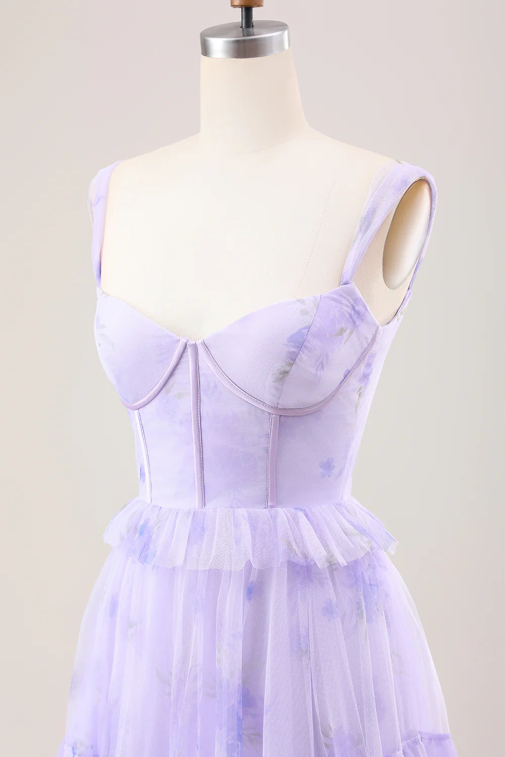 Gentle A Line Strap Print Floral Purple Tulle Prom Dress Graduation Prom Dress SH2658