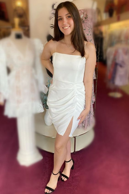 Spaghetti Straps White Pleated Short Homecoming Dress  SH756