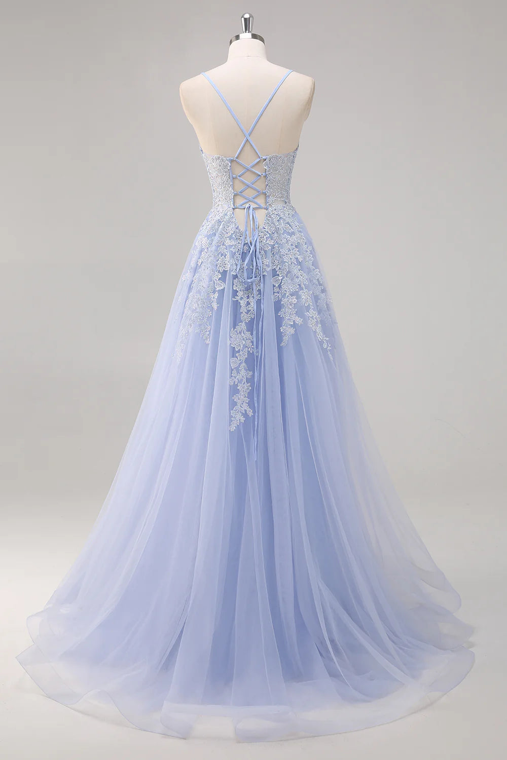 Lavender A Line Spaghetti Straps Appliques Beaded Tulle Long Prom Dress Graduation Prom with Slit SH2651