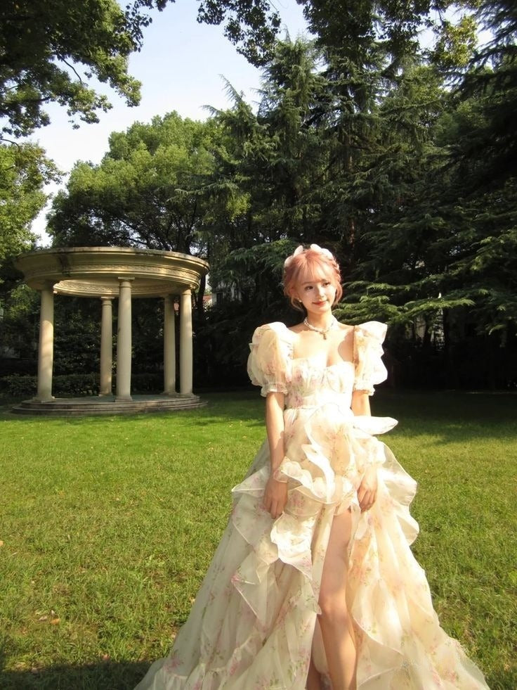 Romantic A Line Puff Sleeve Print Flower Chiffon Party Dress Evening Dress with Slit SH2865