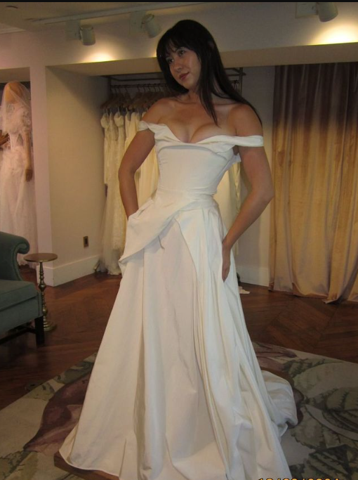Simple A Line Off the Shoulder White Pleated Satin Wedding Dress SH9081