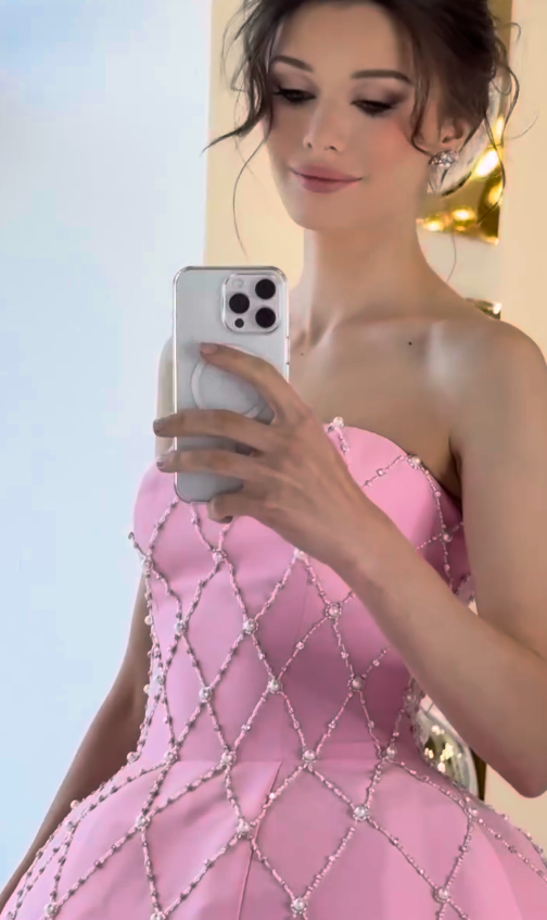 Pink A Line Strapless Shiny Beaded Satin Prom Dress Evening Dress SH6406
