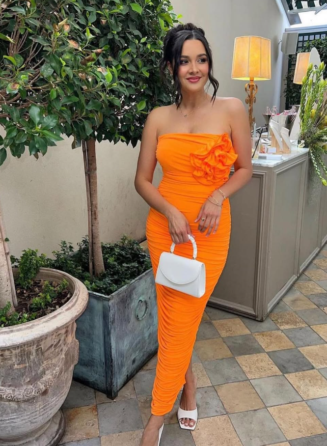 Charming Sheath Strapless 3D Floral Orange Satin Prom Dress Evening Dress SH2024