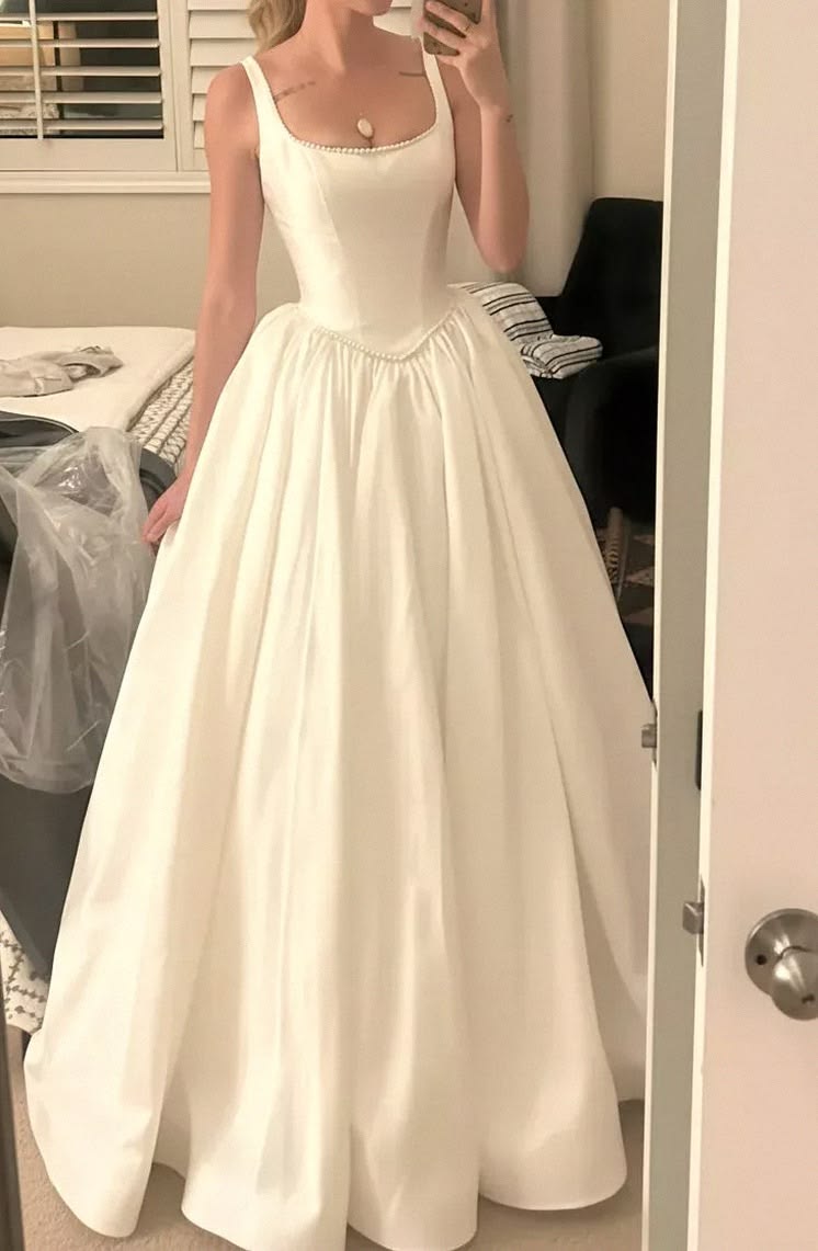 Simple High-class A Line Spaghetti Strap White Satin Long Wedding Dress SH8009