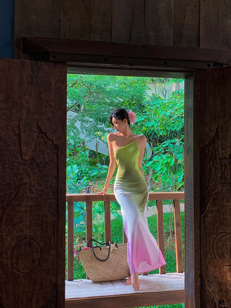 Pink Green Ombre Sheath One Shoulder Satin Long Prom Dress Evening Dress SH4339