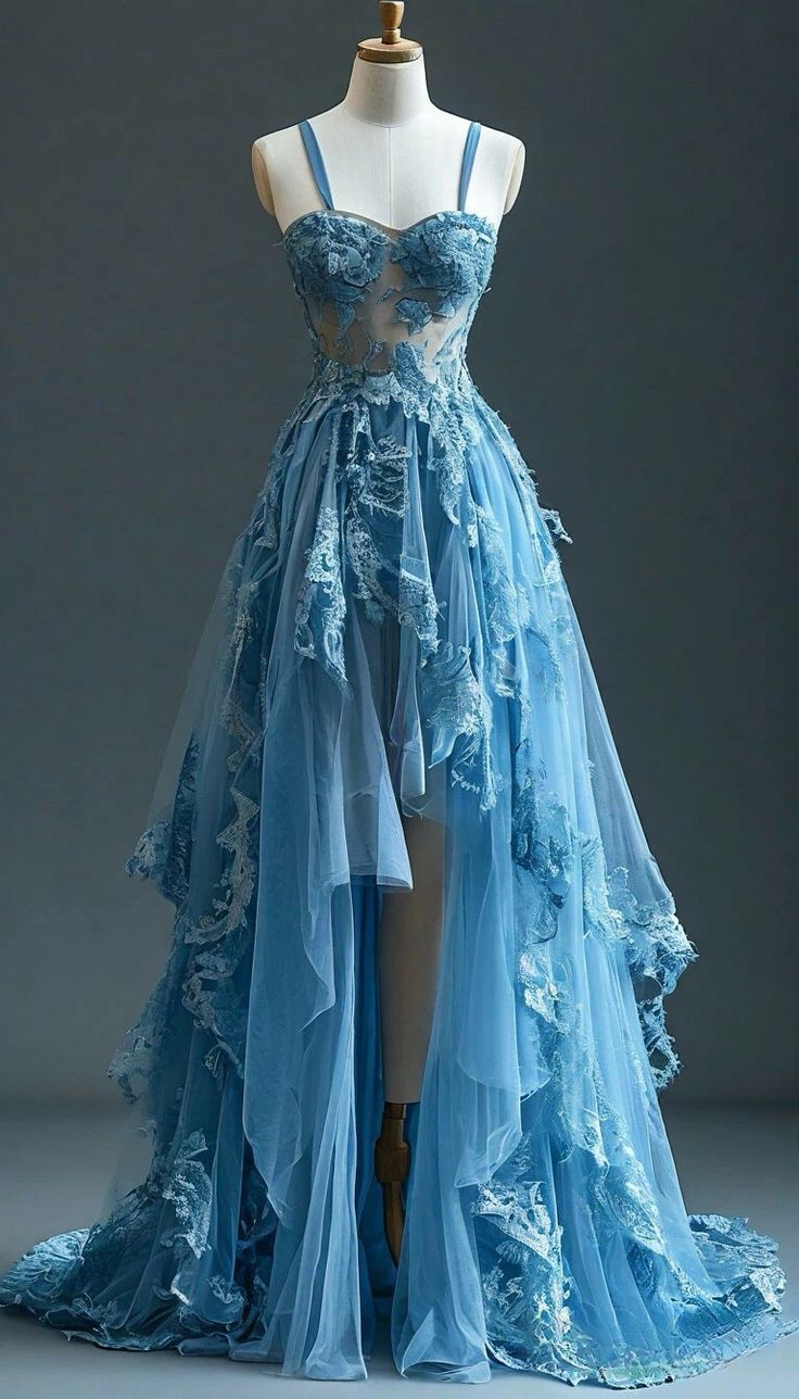 Stunning A Line Spaghetti Strap Blue Appliques Tulle Prom Dress Evening Dress SH2421