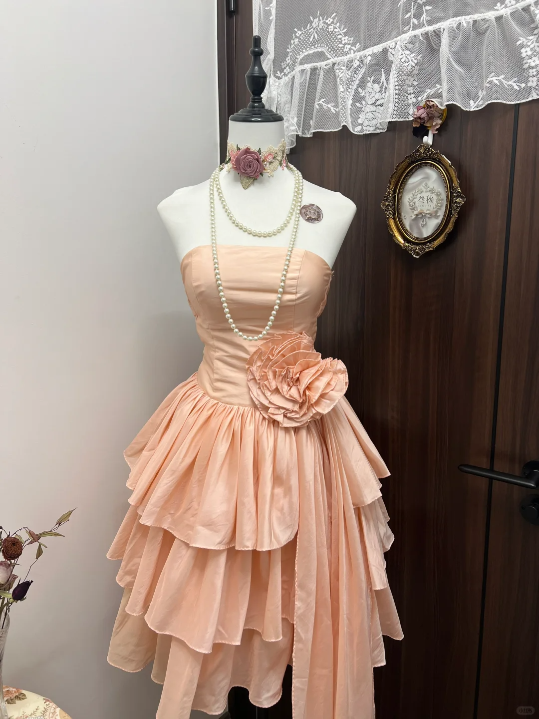 Cute Vintage A Line Strapless Layered Flower Coral Sands Satin Short Homecoming Dress Cocktail Dress SH2986