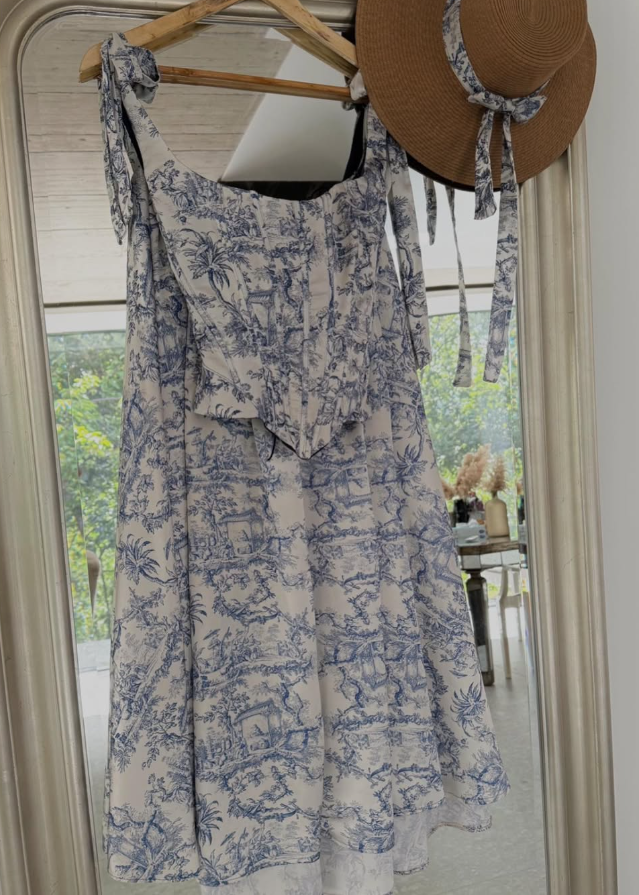 Blue Print Floral Two Piece A Line Satin Long Prom Dress Party Dress 16th Birthday Dress SH3877