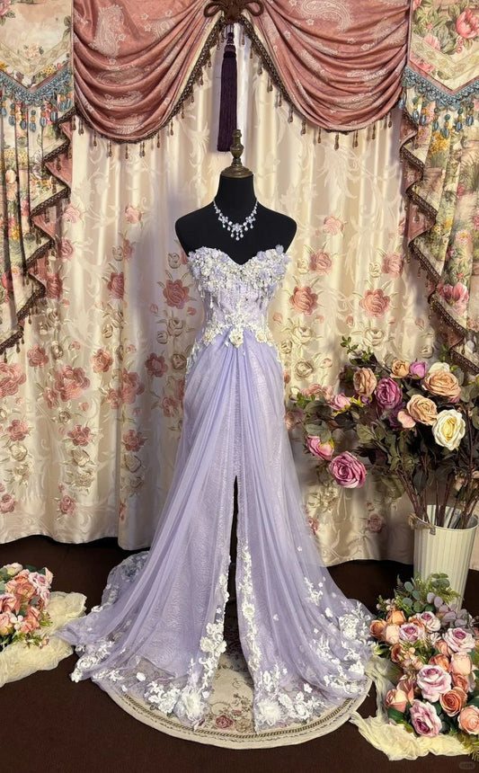 Lilac Mermaid Sweetheart Neck 3D Flower Tulle Prom Dress Party Dress with Slit SH3296