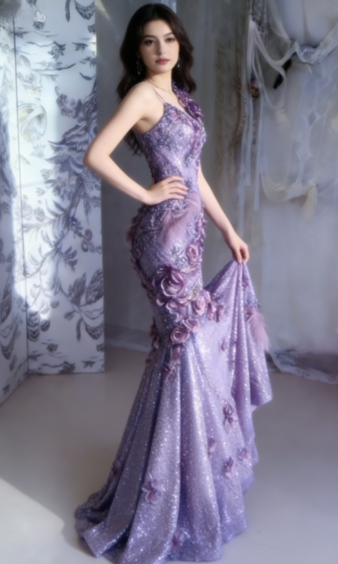 Shiny Burgundy Mermaid Halter Appliques Ruffle Sequin Long Prom Dress SH5426
