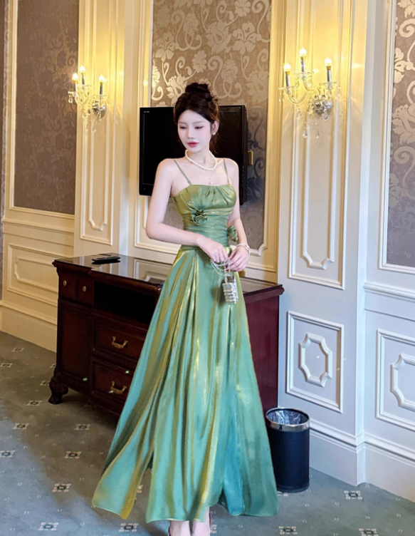 Green A Line Straps Floral Satin Prom Dress Evening Dress Formal Dress SH4086