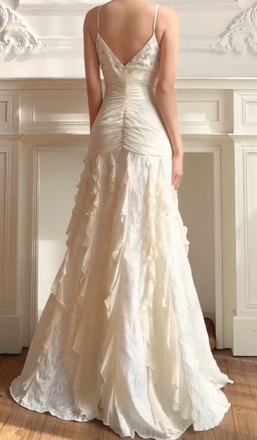 Ivory Vintage A Line Spaghetti Strap Ruffle Chiffon Party Dress Prom Dress SH4119