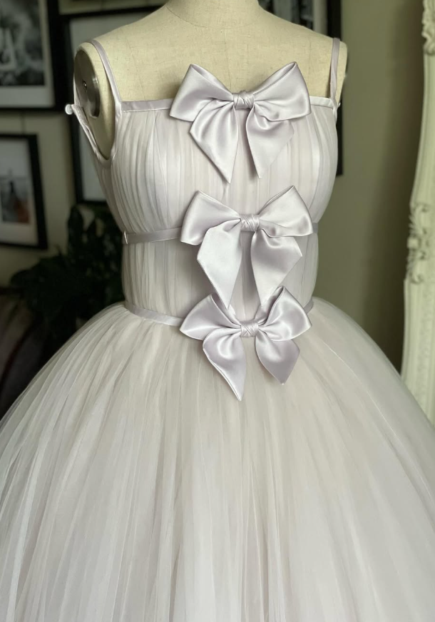 Stunning A Line Spaghetti Strap Bow Light Purple Tulle Long Party Dress Evening Dress SH2889