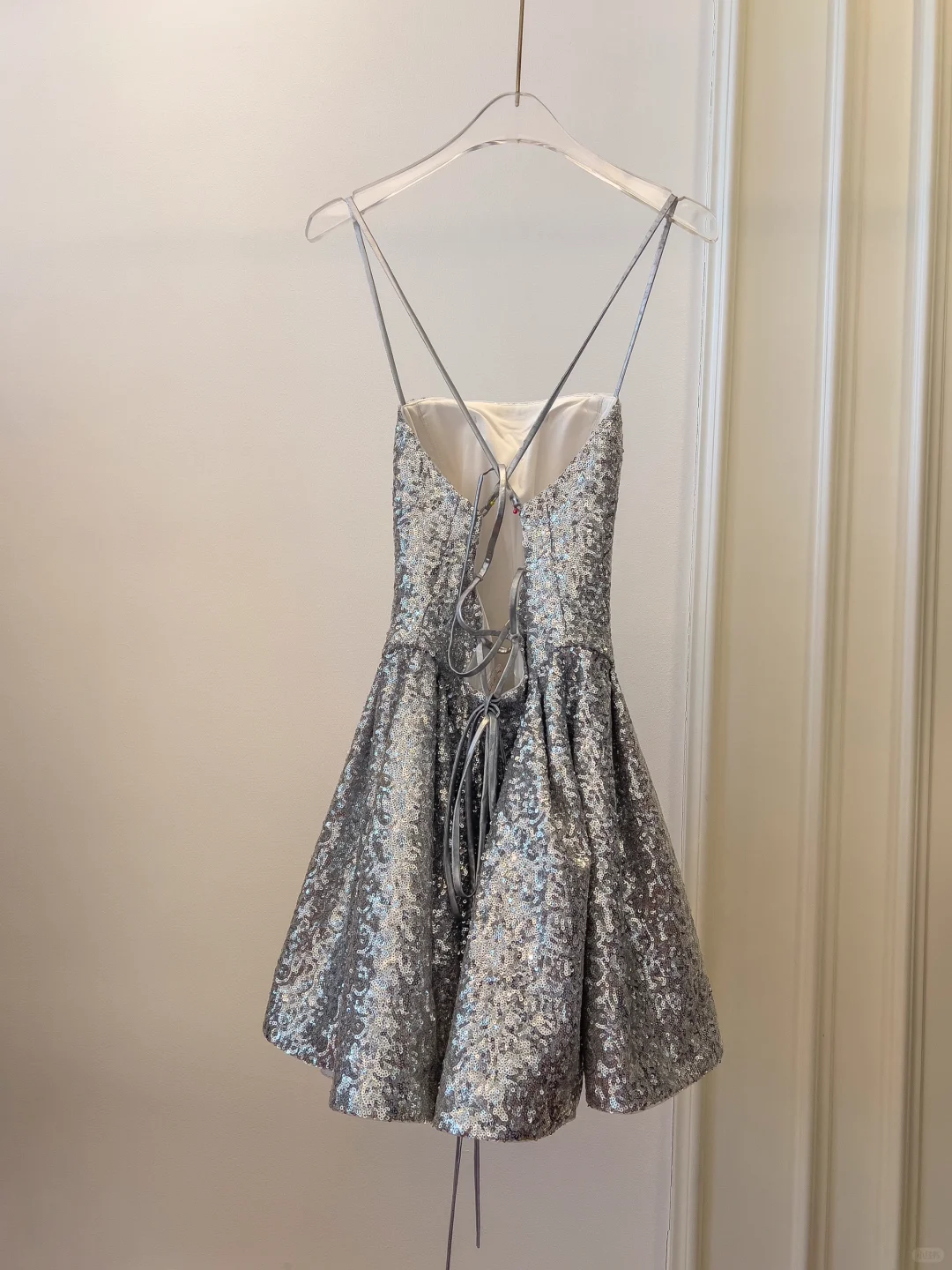 Shiny A Line Spaghetti Strap Silver Sequin Short Open Back Homecoming Dress Cocktail Dress SH3005