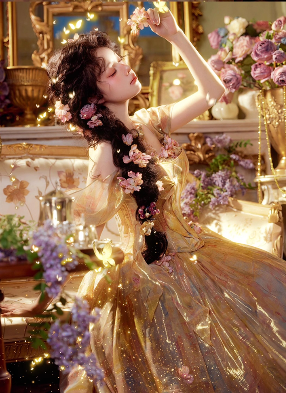 Dreamy Ball Gown Off the Shoulder Corset Golden Tulle Prom Dress 16th Birthday Dress SH4055