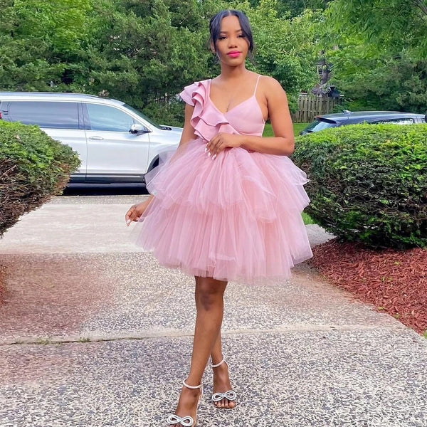Pink Sweet Short Prom Dresses Sleeveless Ruffles Tulle Short Party Dresses SH811