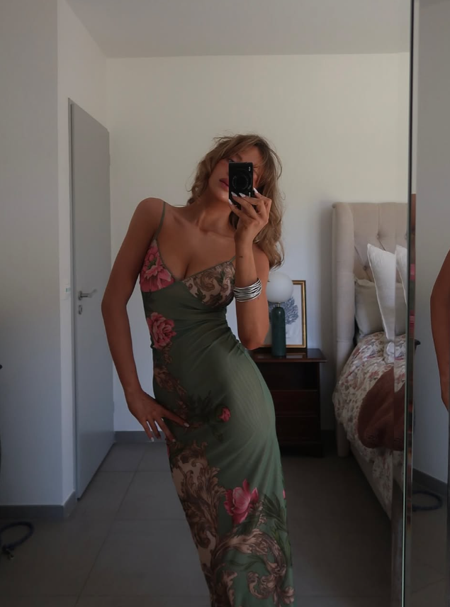 Retro Green Print Floral Strapless Satin Long Outfit Party Dress Vacation Dress Birthday Dress SH3518