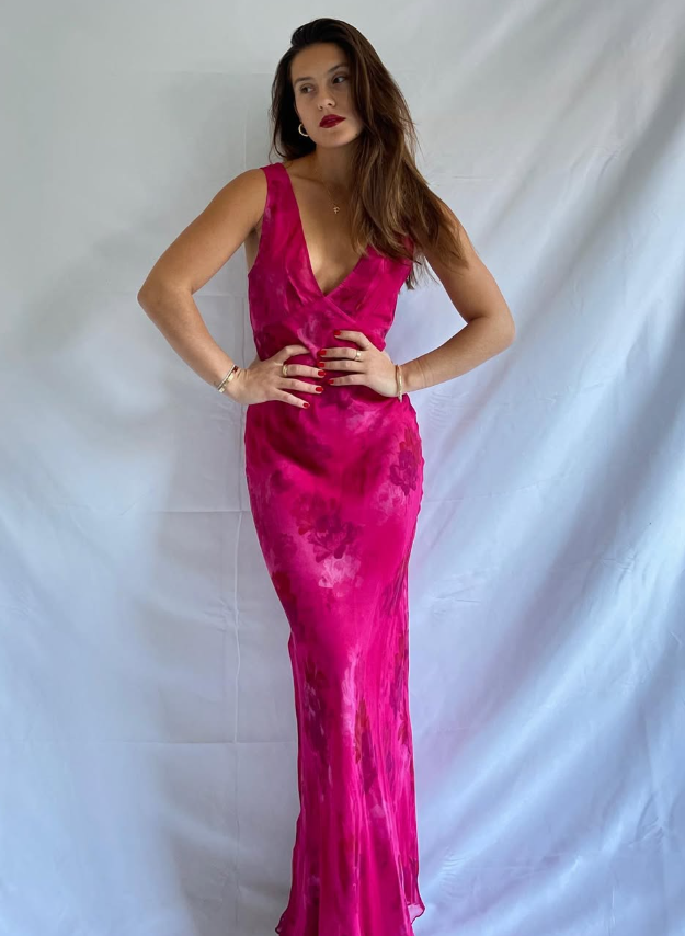 Pink Print Sheath V Neck Chiffon Long Prom Dress Evening Dress Outfits SH7251