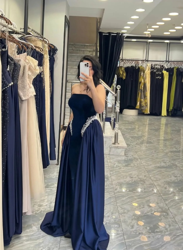 Pretty Navy Blue A Line Strapless Beaded Velvet Satin Long Prom Dress Wedding Guest Dress SH5406