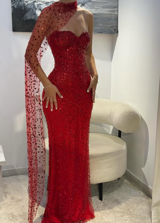 Sexy Red Sheath Strapless Beaded Tulle Prom Dress SH4567