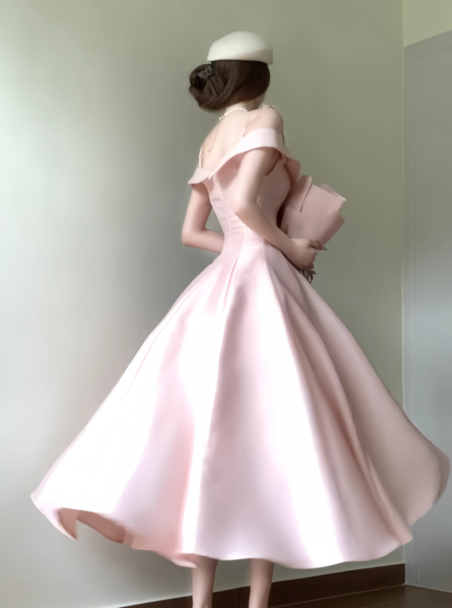 Princess Pink A Line Off the Shoulder Satin Long Party Dress Evening Dress SH3381