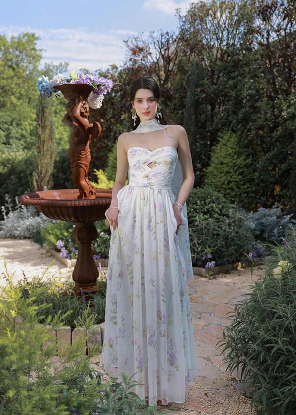 Dreamy A Line Sweetheart Neck Print Floral Chiffon Prom Dress Party Dress SH4172