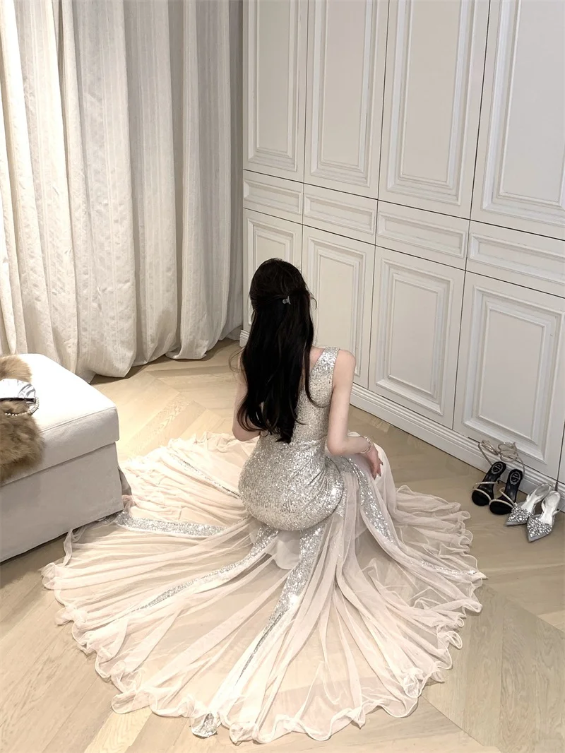 Shiny Mermaid V Neck Silver Sequin Tulle Prom Dress Evening Dress Formal Gown SH3924