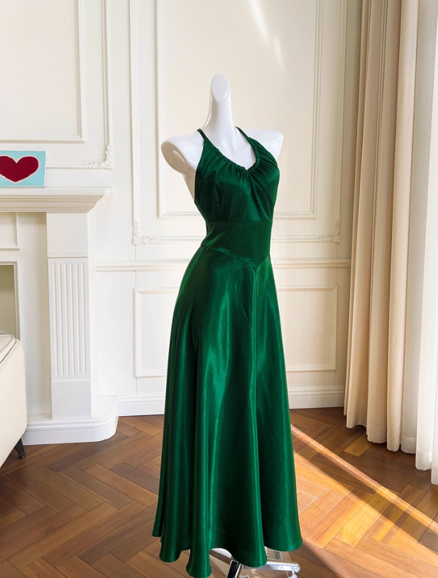 Stunning Green A Line Halter Satin Prom Dress Vacation Dress Wedding Guest Dress SH4504