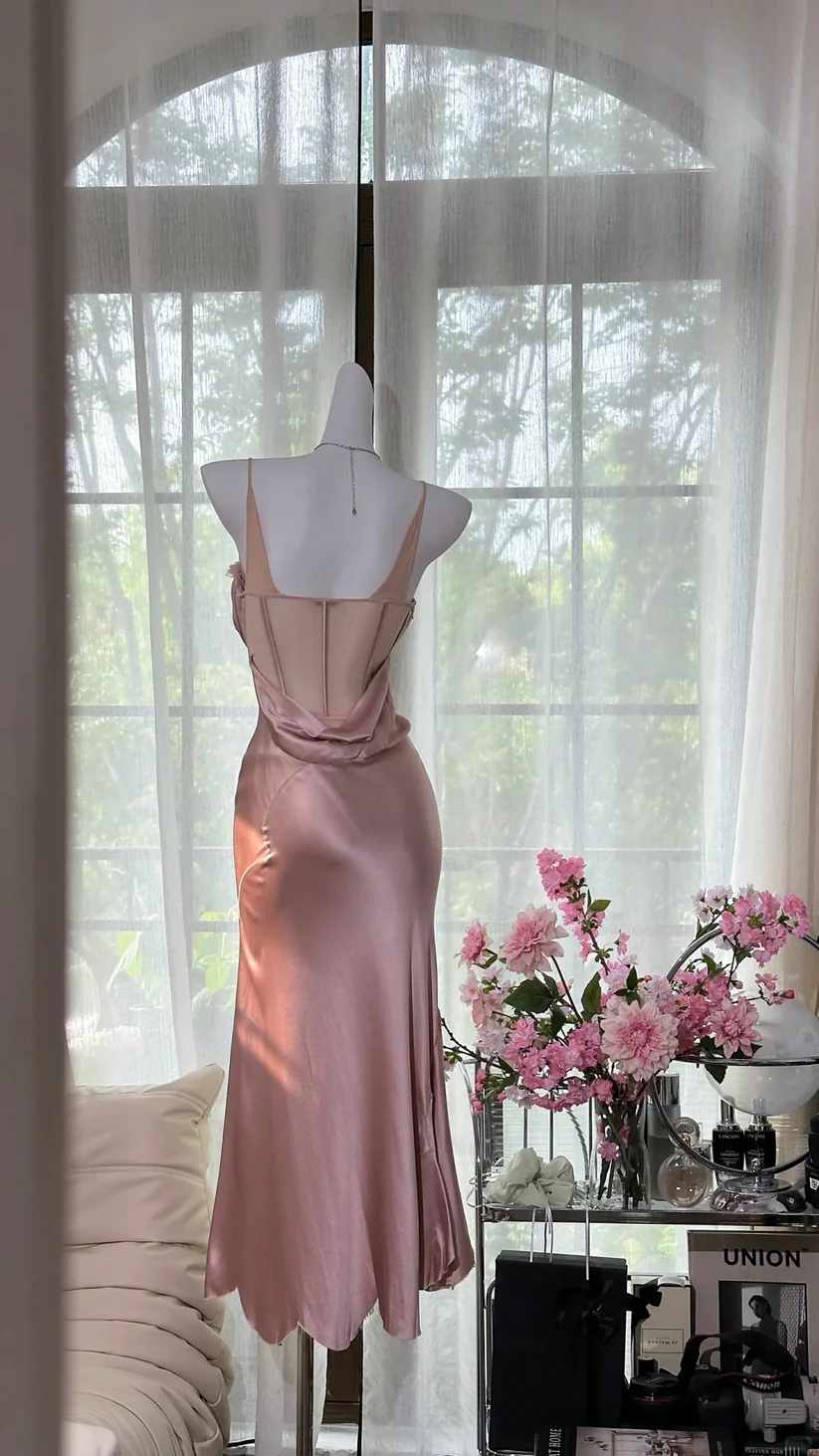 Pink Mermaid Spaghetti Strap Simple Satin Tulle Date Dress Evening Dress Wedding Guest Dress SH3435