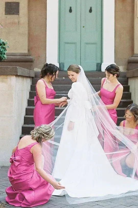 Sheath Square Neck Fuchsia Satin Bridesmaid Dresses with Bow SH6290
