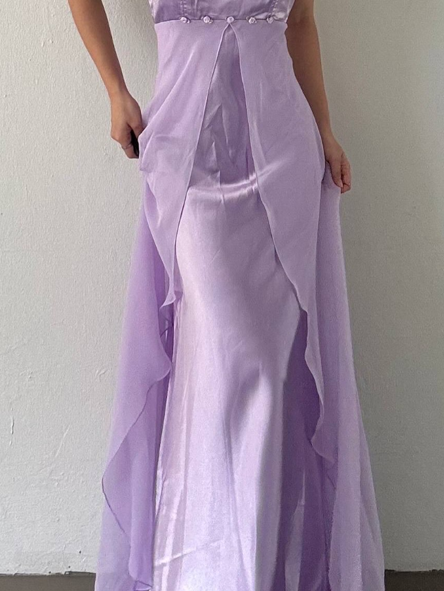 Cute A Line Spaghetti Strap Purple Satin Chiffon Long Prom Dress Evening Dress SH2610