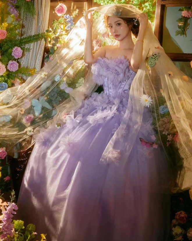 Purple Pretty Ball Gown Strapless Floral Tulle Prom Dress 16th Birthday Dress SH4087