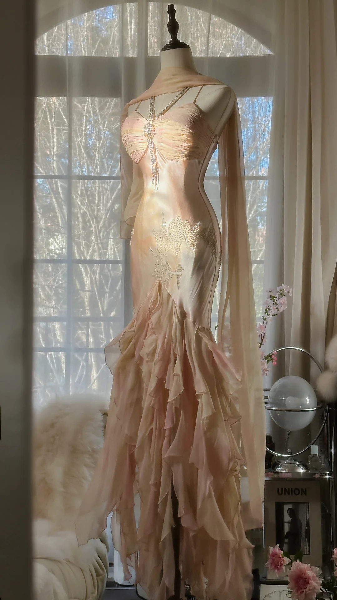Fairy Mermaid Spaghetti Strap Beaded Ruffle Chiffon Long Prom Dress Evening Dress SH2981