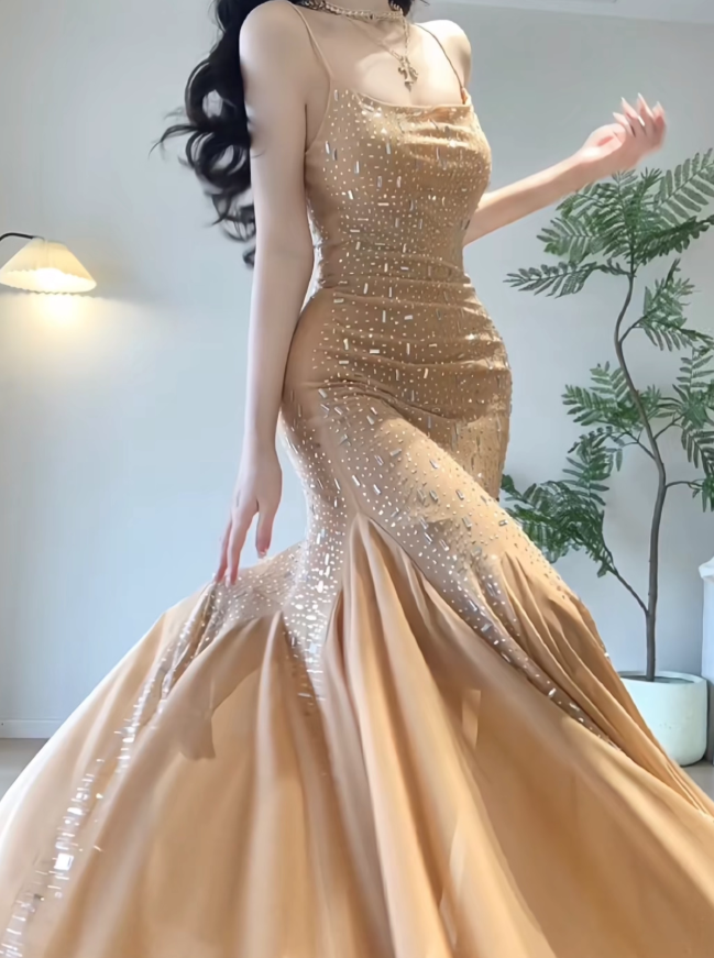Purple Mermaid Spaghetti Strap Rhinestone Chiffon Prom Dress Vacation Dress Date Dress SH3986