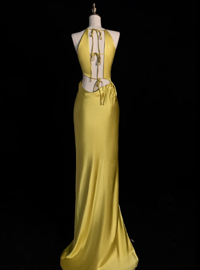 Yellow Sheath Halter Satin Open Back Prom Dress Graduation Prom Dress with Slit SH2493